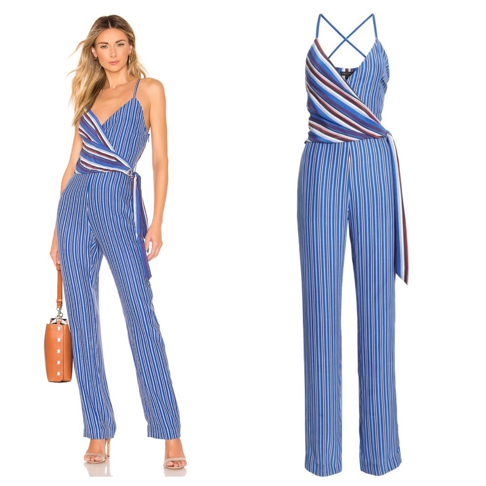 RAG & BONE Felix Jumpsuit 100% Silk Striped Wrap Belted Tie Waist Wrap Blue 6